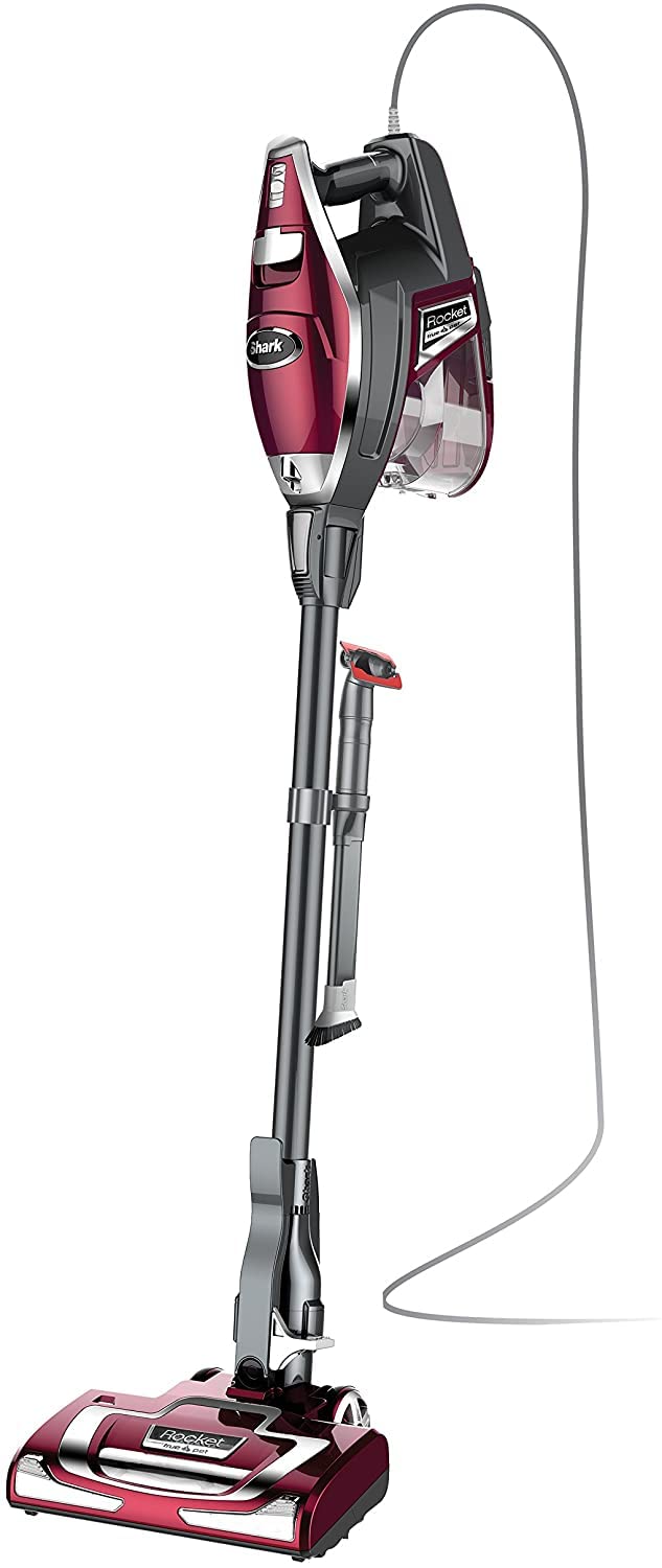 Shark HV322 Rocket Deluxe Pro Corded Stick Vacuum with LED Headlights, XL Dust Cup, Lightweight, Perfect for Pet Hair Pickup, Converts to a Hand Vacuum, with Pet Attachments, Bordeaux/Silver