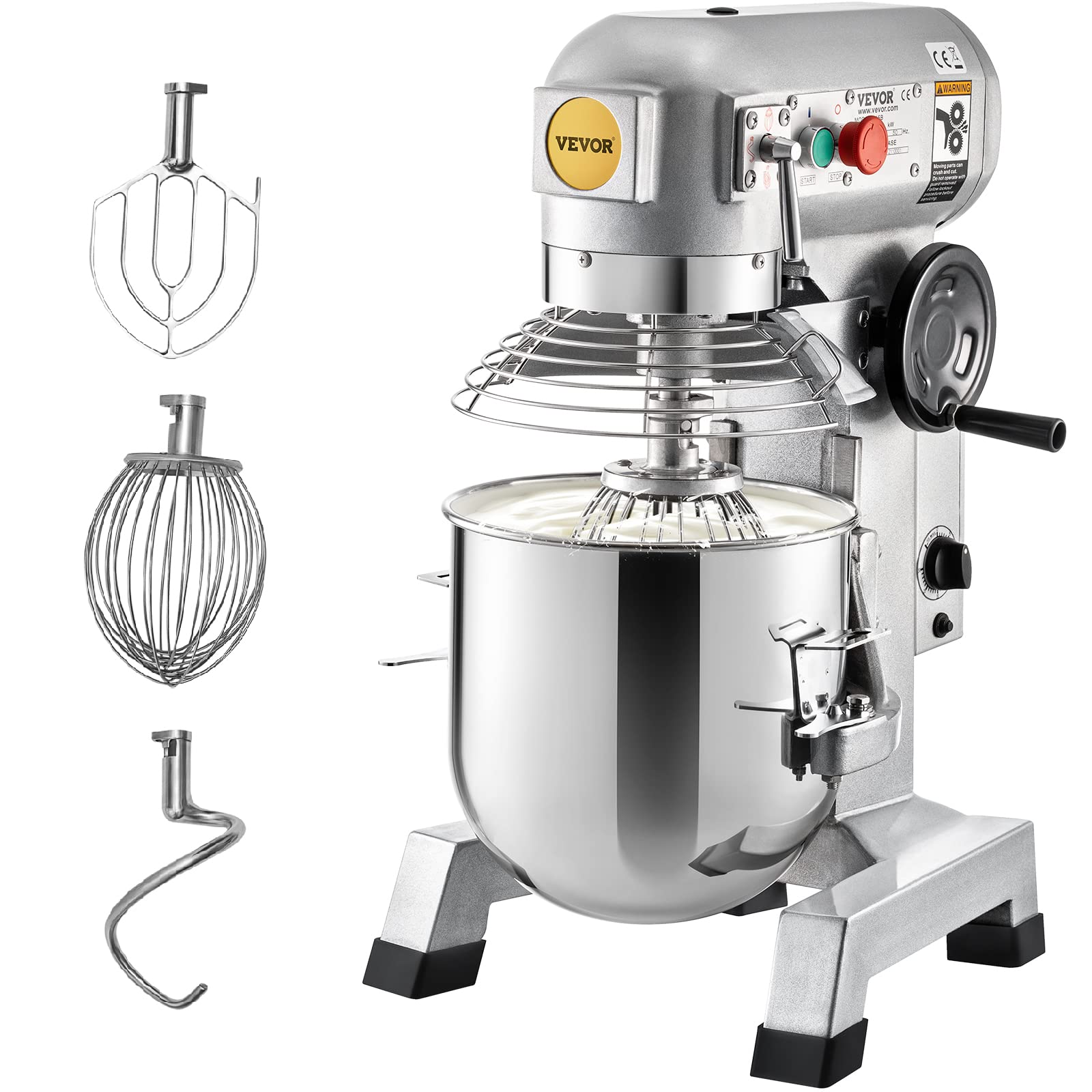 VEVOR Commercial Stand Mixer, 15Qt Stainless Steel Bowl, 500W Heavy Duty Electric Food Mixer with 3 Speeds Adjustable 113/184/341 RPM, Dough Hook Whisk Beater Included, Silver